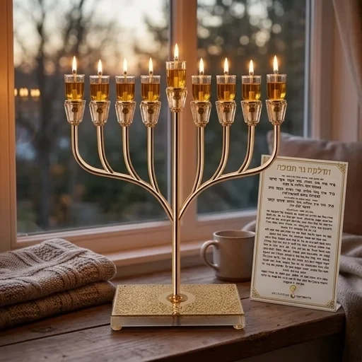 חנוכייה ״אור הזהב״ מתכת כסף עם קנים ובסיס קריסטל | 42 ס״מ