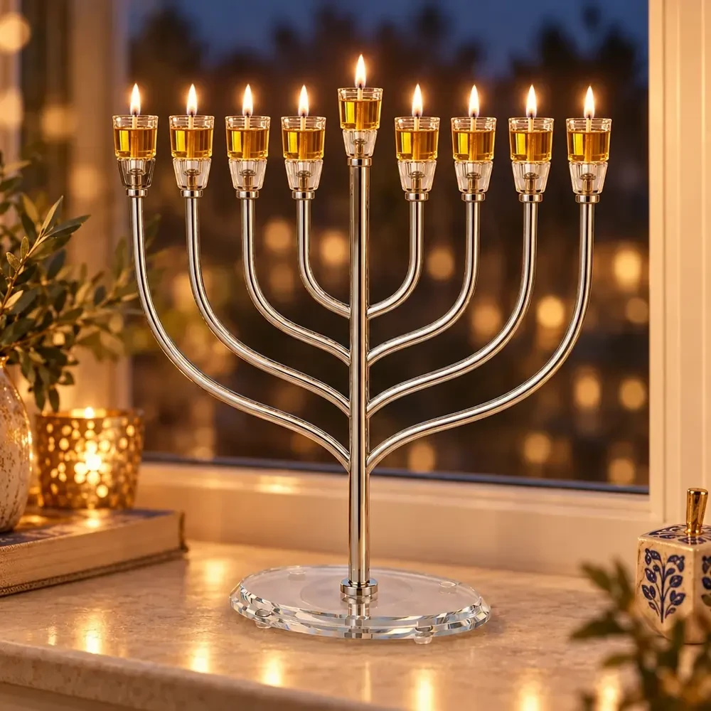 חנוכייה ״אור הזהב״ מתכת כסף עם קנים ובסיס קריסטל | 42 ס״מ