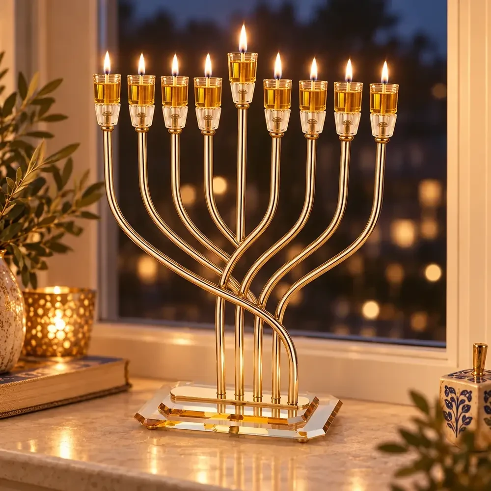 חנוכייה ״אור הזהב״ מתכת כסף עם קנים ובסיס קריסטל | 42 ס״מ