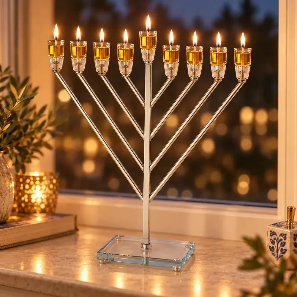 חנוכייה ״אור הזהב״ מתכת כסף עם קנים ובסיס קריסטל | 60 ס״מ