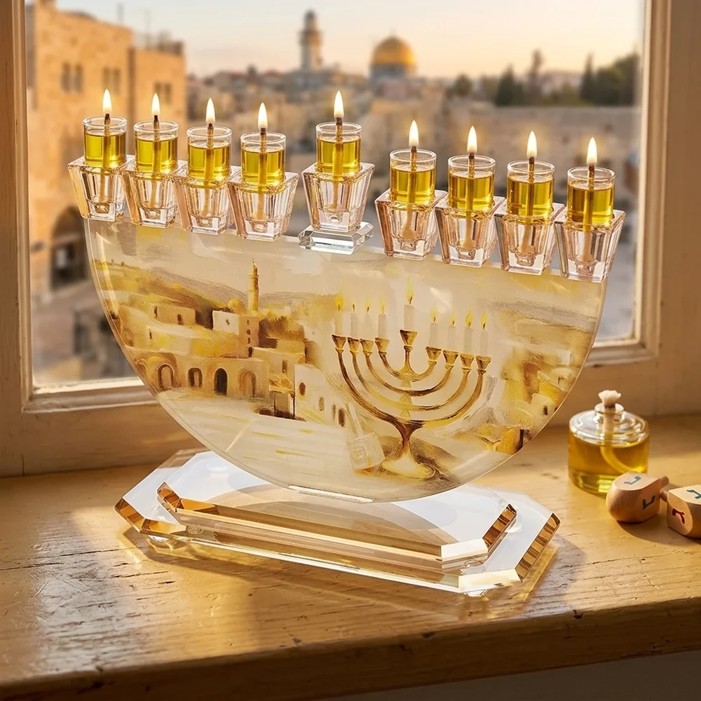 חנוכייה קריסטל מהודרת עם הדפסה ירושלים | 29X30 ס״מ
