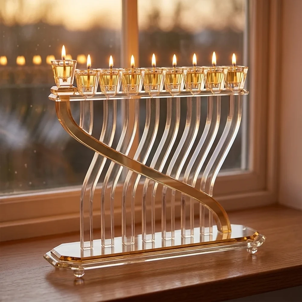 חנוכייה קריסטל זהב שקופה מהודרת | 29X36 ס״מ