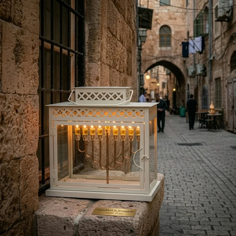 חנוכייה אלומיניום זכוכית לבנה מהודר בית | 40 ס״מ