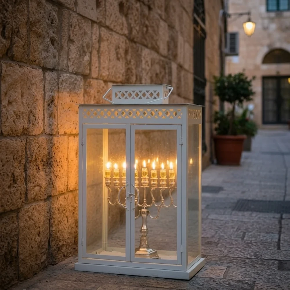 חנוכייה אלומיניום זכוכית לבנה מהודר בית | 70 ס״מ
