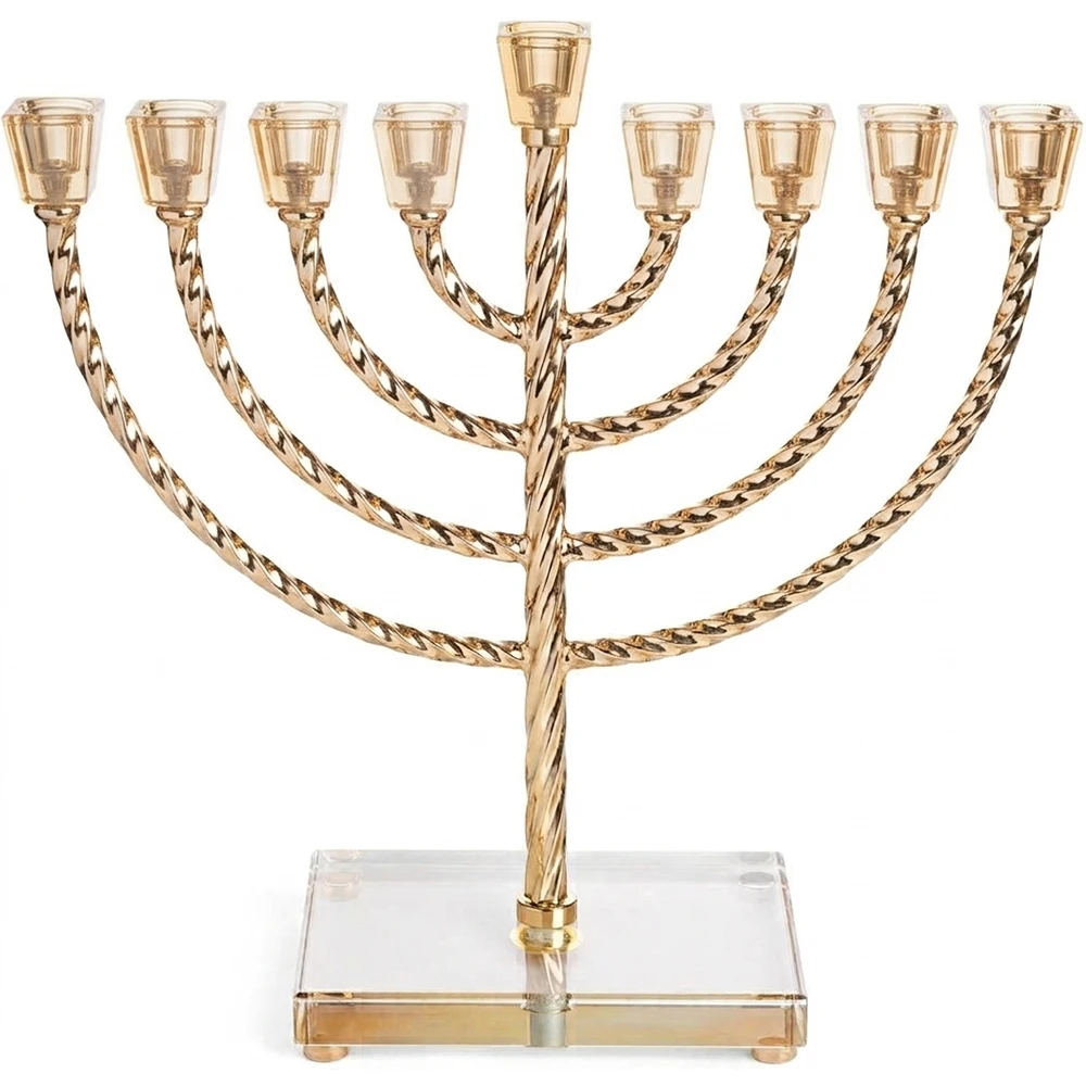 חנוכייה ״אור הזהב״ מתכת זהב עם קנים ובסיס קריסטל | 32 ס״מ
