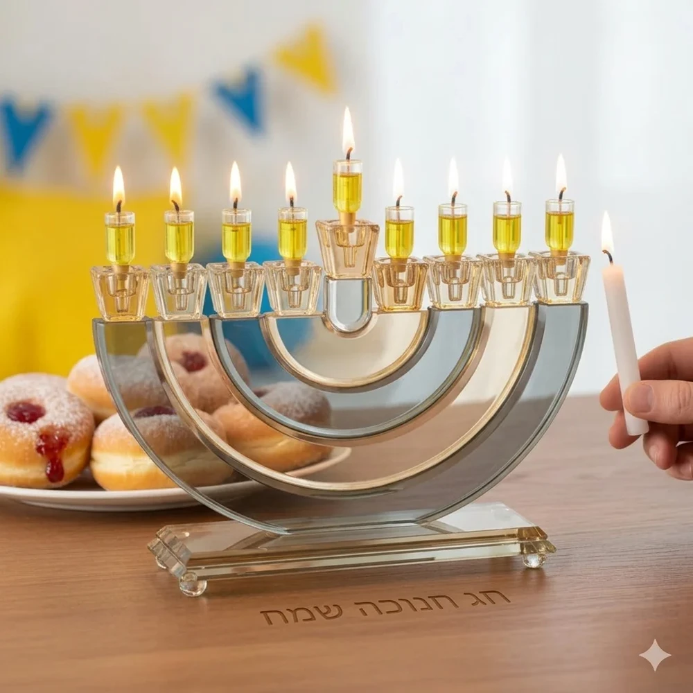 חנוכייה קריסטל זהב שחורה פסים חצי עיגול | 21 ס״מ