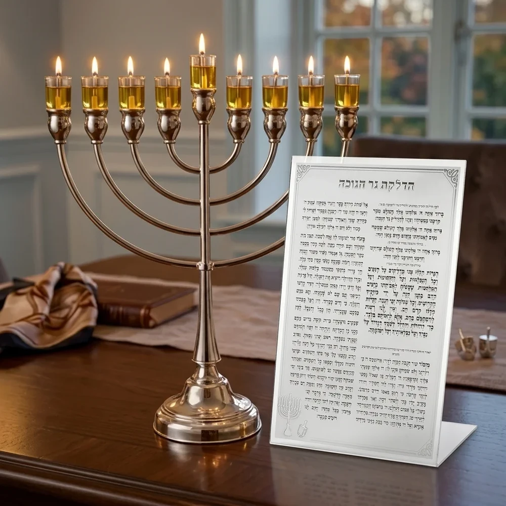 ברכה אקריליק כסף לבנה רקע הדלקת נרות חנוכה | 22 ס״מ