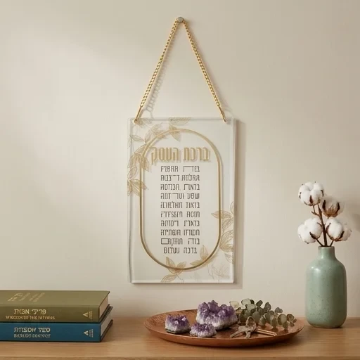 מסגרת אקריליק זהב עם ״ברכת העסק״ ו״עלים״ | 21X13 ס״מ