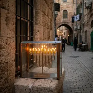 חנוכיית מתכת מהודרת ציפוי רוז גולד עם קנים מקריסטל