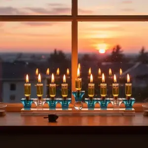 חנוכייה קריסטל מהודרת גווני כחול 37x6 ס