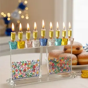 חנוכיה קריסטל קנים צבעוניים עם פלקטה צבעונית ירושלים 16 סמ