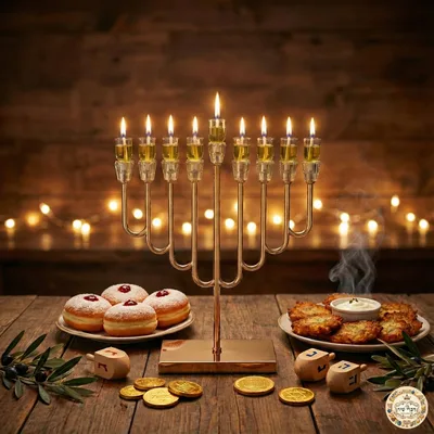 חנוכיה "אור הזהב" מתכת מהודרת ציפוי רוז גולד עם קנים 36 ס"מ