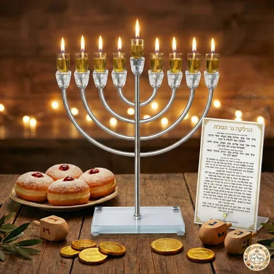 חנוכיה מתכת כסף עם בסיס קריסטל 36סמ