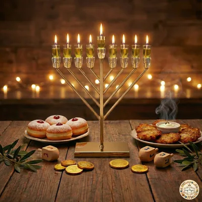 חנוכיית מתכת "חבד" מהודרת ציפוי רוז גולד עם קנים מ