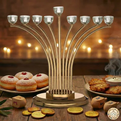 חנוכיית מתכת עם ראשי קריסטל גימור זהב 43ס"מ
