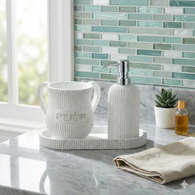 סט סבונייה עם נטלה מפוליריזן צבע לבן מהודר כולל מגש