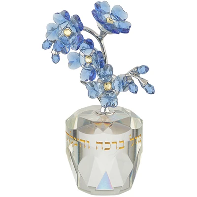 עץ קריסטל עם פרחים כחולים ולב זהוב על בסיס מלוטש וכיתוב "ברכה והצלחה" › דברי שיר