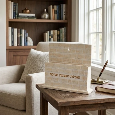 מעמד לברכונים מפולימר בעיצוב אבני הכותל "ואכלת ושבעת וברכת" | 20 ס"מ