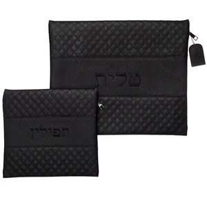 סט תיקי טלית ותפילין מדמוי עור שחור עם ריקמה | 36 ס״מ