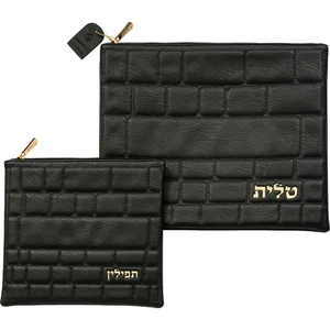 סט טלית ותפילין דמוי עור שחור, אותיות זהב בולטות | 36 ס״מ
