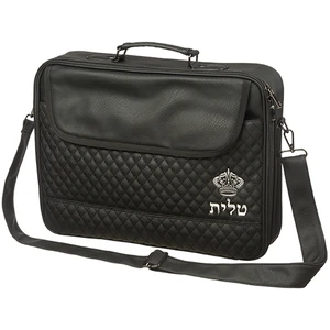 תיק טלית דמוי עור שחור עם פיו מעוטר ואותיות בולטות ״כתר״ | 43 ס״מ