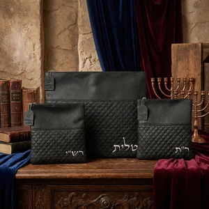 סט טלית ותפילין מדמוי עור שחור | 40 ס״מ
