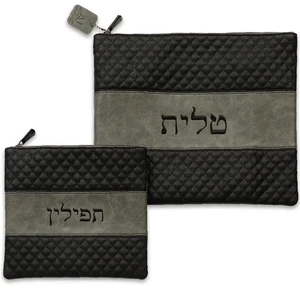 נרתיק טלית ותפילין דמוי עור עם ריקמה בצבע אפור/שחור | 36 ס״מ