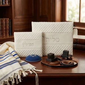 סט תיקי טלית ותפילין דמוי עור לבן עם רקמה | 36 ס״מ