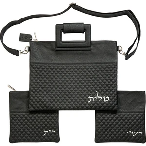 תיק טלית ותפילין מדמוי עור שחור במשבצות | 40 ס״מ