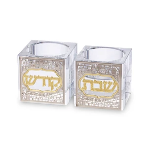 פמוטי קריסטל עם פלקטת ירושלים בגוון זהב | 2 ס״מ