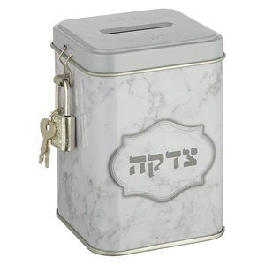 קופת צדקה מפח מרובעת בהדפס שיש עם מנעול | 10 ס״מ
