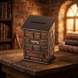 קופת צדקה מעץ בצבע טבעי עם פלקטה עור דגם כותל | 18 ס״מ