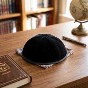 כיפה מקטיפה פלוש שחורה, תפר 6 חלקים | 22 ס״מ