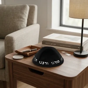 כיפה מקטיפה שחורה עם אותיות כסף בולטות ״יחי אדוננו״ | 4