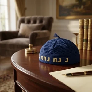כיפה בד כחולה עם כיתוב נחמן מאומן | 24 ס״מ