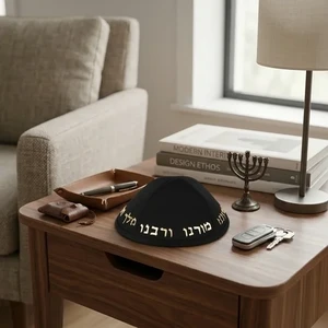 כיפה בד שחורה עם אותיות זהב בולטות ״יחי אדוננו״ | 19 ס״מ