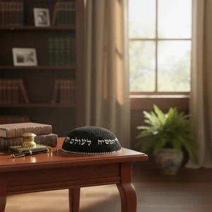 כיפה סרוגה שחורה עם ריקמה ׳יחי אדוננו׳ בצבע כסף | 16 ס״מ