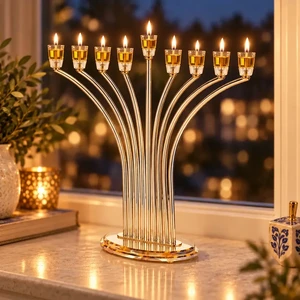 חנוכייה ״אור הזהב״ מתכת זהב עם קנים ובסיס קריסטל | 42 ס״מ