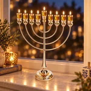 חנוכייה ״אור הזהב״ מתכת זהב עם קנים ובסיס קריסטל | 64 ס״מ