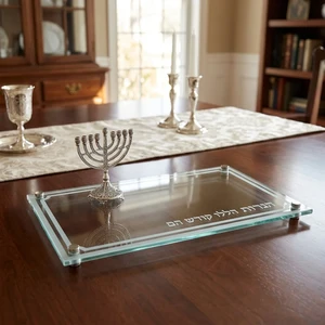 מגש זכוכית מהודר חנוכייה עם הדפסה | 37X20 ס״מ