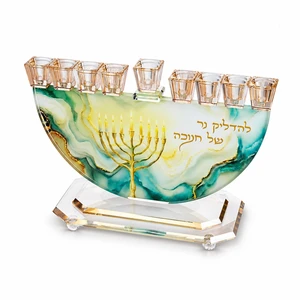 חנוכייה קריסטל כחולה מהודרת בגימור שיש עם הדפסה | 29X30 ס״מ