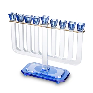 חנוכייה קריסטל שקופה כחולה מהודרת | 32X35 ס״מ