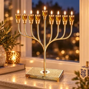 חנוכייה ״אור הזהב״ מתכת זהב עם בסיס קריסטל ופלקטה | 37 ס״מ