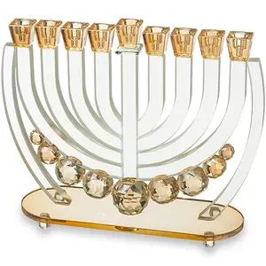 חנוכיה קריסטל עם כדורים זהב 25סמ