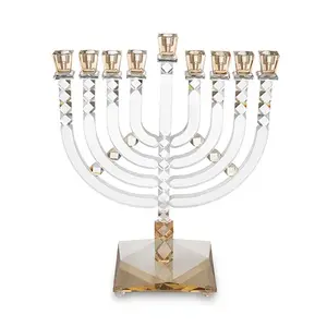 חנוכייה קריסטל שקוף זהב 35 סמ