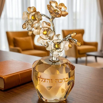 עץ קריסטל "ברכה והצלחה" עם פרחים בגוון ענבר זהוב | גובה 11 ס"מ