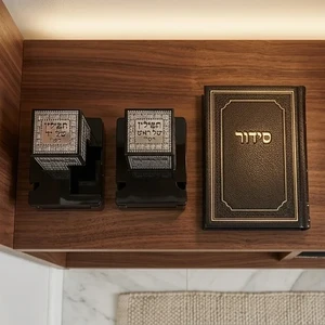 זוג בתי תפילין פלסטיק שחור עם פלקטה כסופה | 32 ס״מ