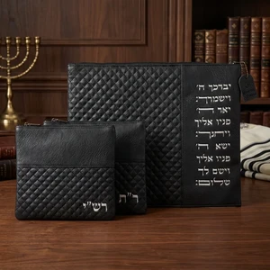 סט טלית ותפילין מדמוי עור שחור | 40 ס״מ
