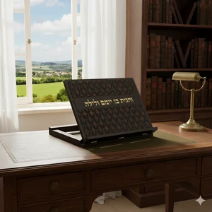 שטנדר עץ עם פלקטה דמוי עור ואותיות בולטות | 38 ס״מ