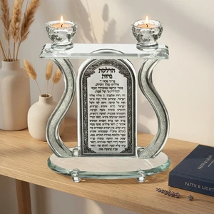 פמוטי קריסטל בצבע כסף עם פלקטה ואבנים | 26 ס״מ